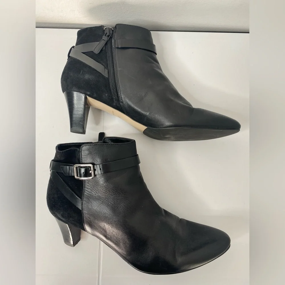Cole Haan Sylvan Black Leather Suede Ankle Booties w Buckled Belt Hardware